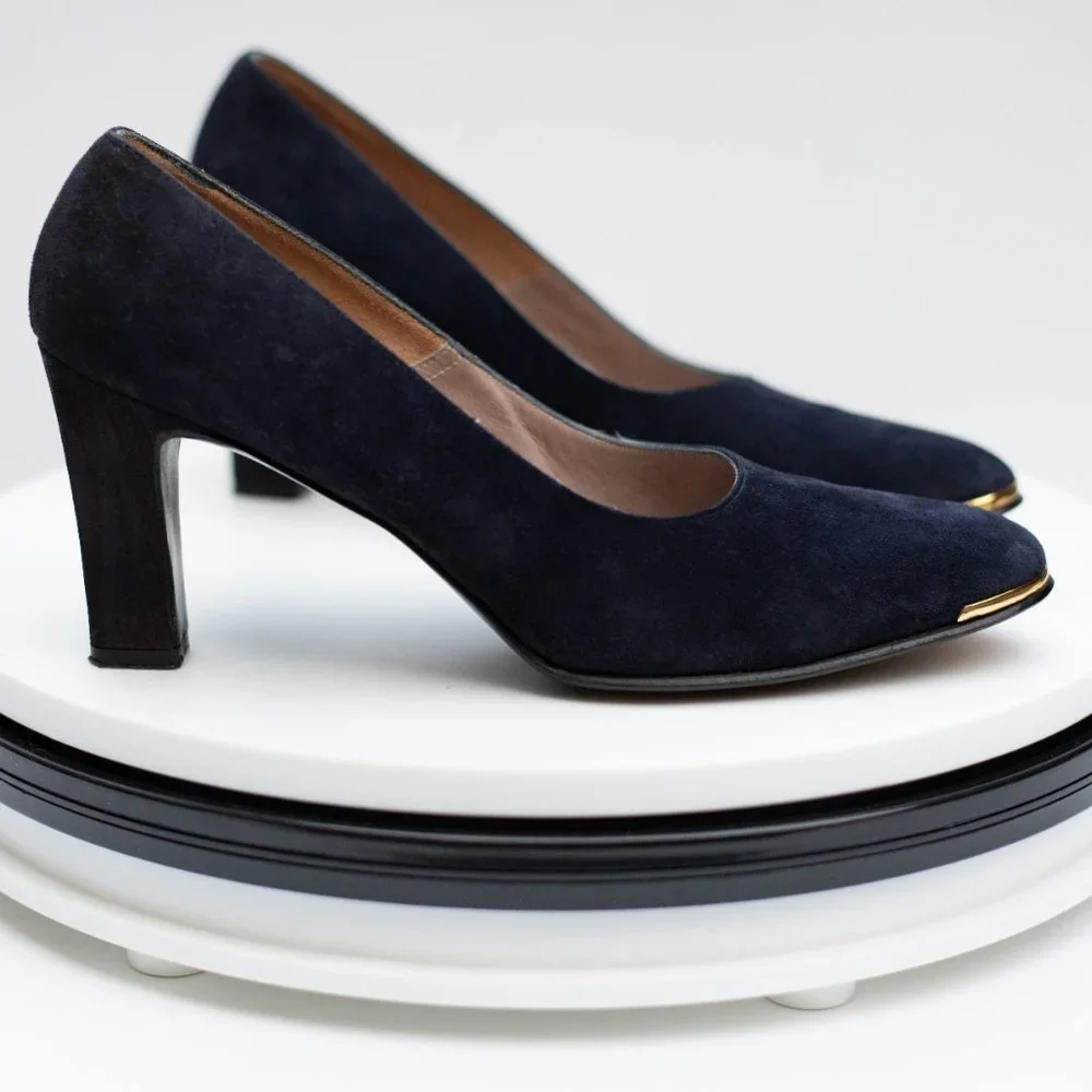 Vtg Saks Fifth Avenue Fenton Last Sued Leather Shoes Sz 9 Narrow Dark Blue Heels
